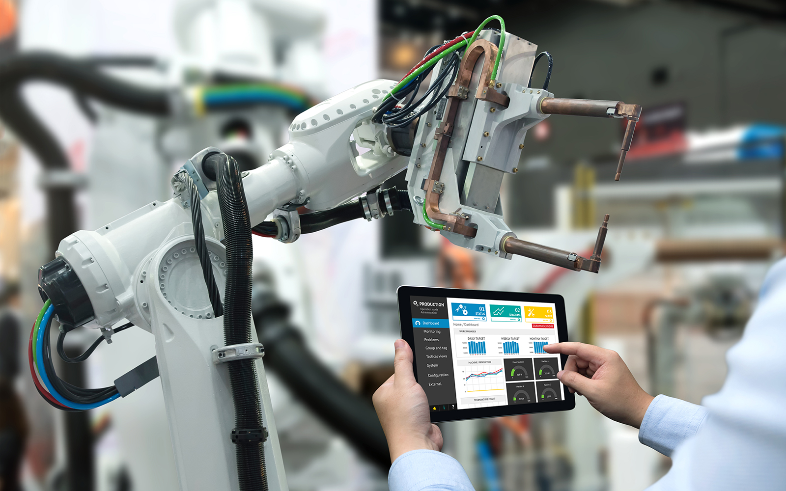 ai4manufacturing|ai cognitive assistant Engineer hand using tablet, heavy automation robot arm machine in smart factory industrial with tablet real time monitoring system application.